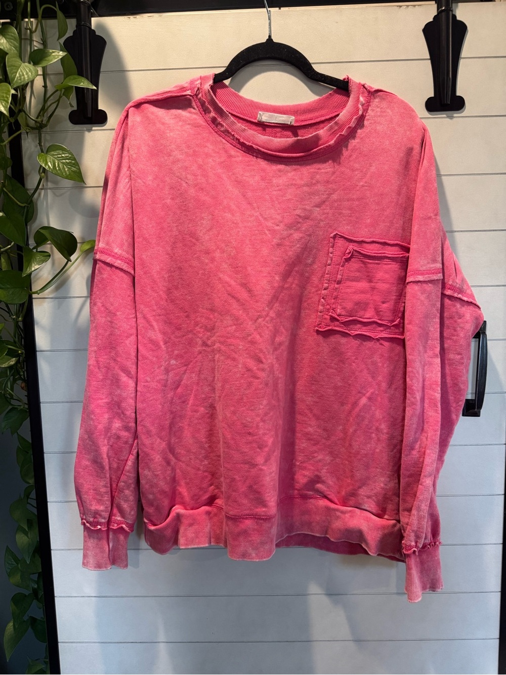 Zenana Outfitters Pink Vintage-Wash Long Sleeve Pocket Sweatshirt